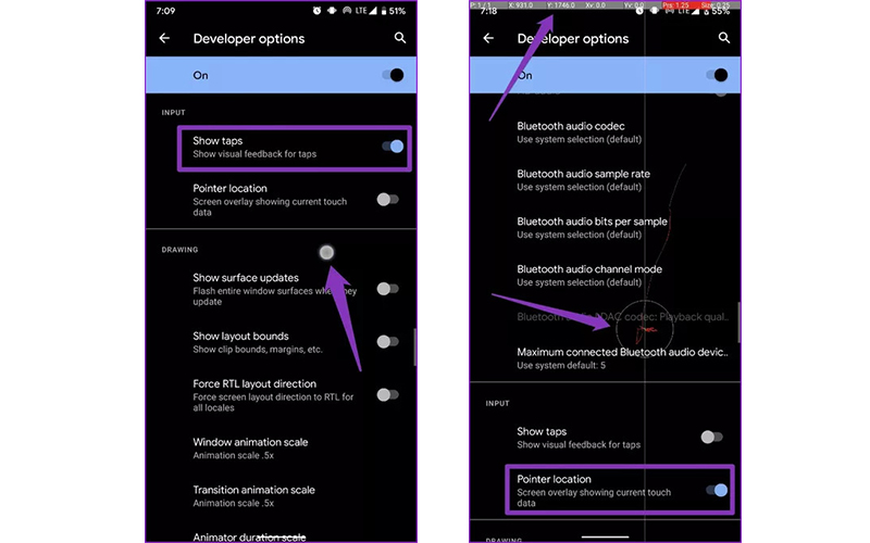 نمایش لمس‌ها در Developer Options اندروید