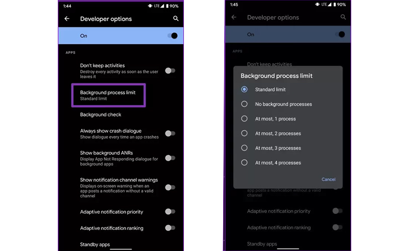 محدود کردن برنامه‌های پس‌زمینه در اندروید (Developer Options)
